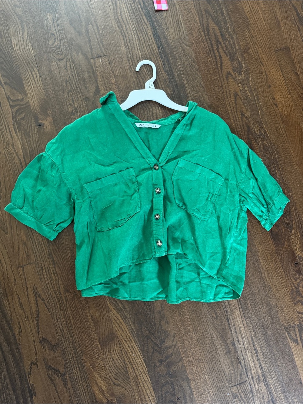Zara Green cropped Button-Front Linen top